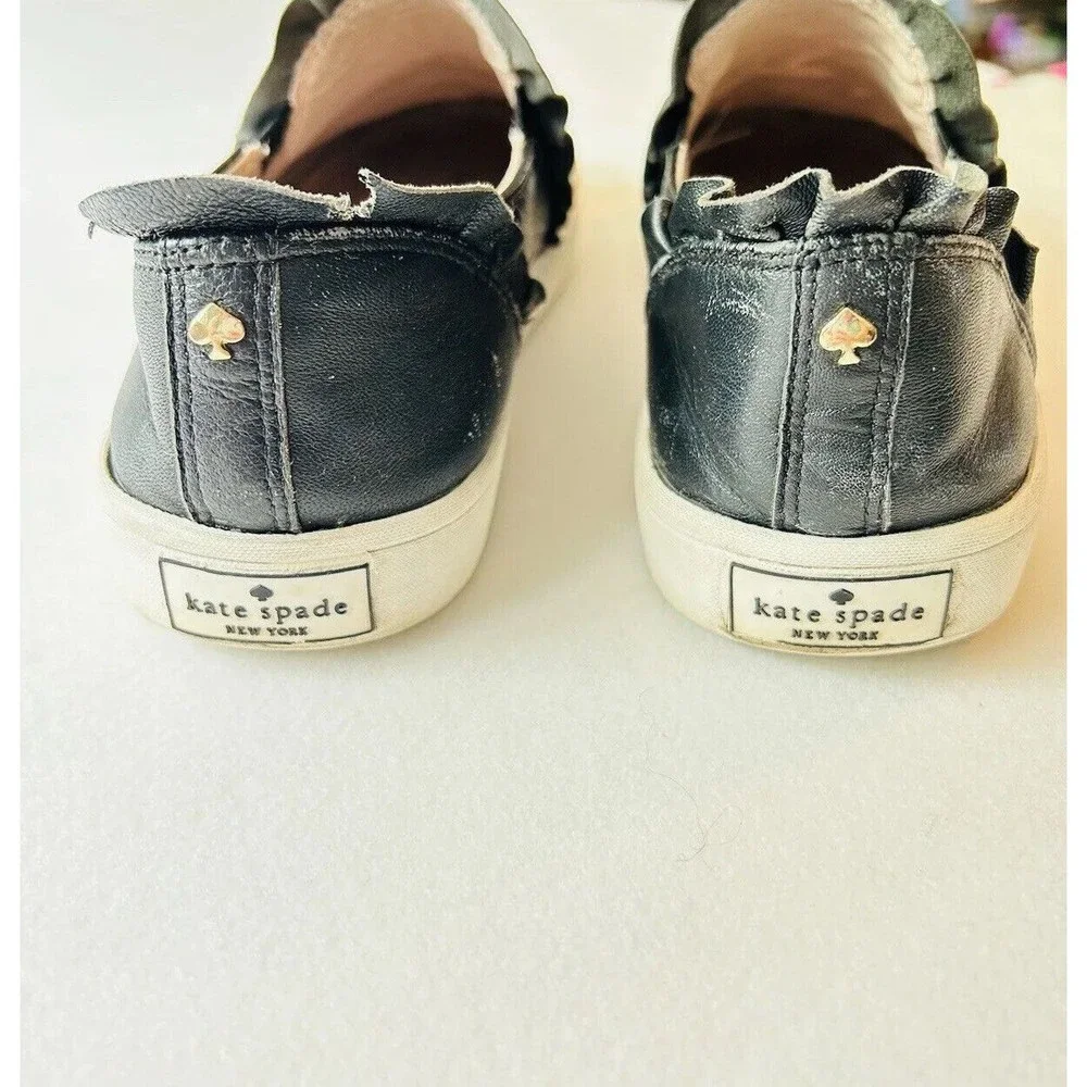 Kate Spade Shoes 7 M Lilly Slip‎ On Sneakers Black Leather Ruffled
